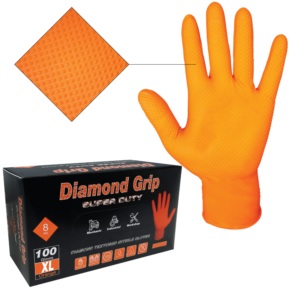 Diamond Grip Super Duty Gloves Medium Nitrile Orange 8mil  (100)