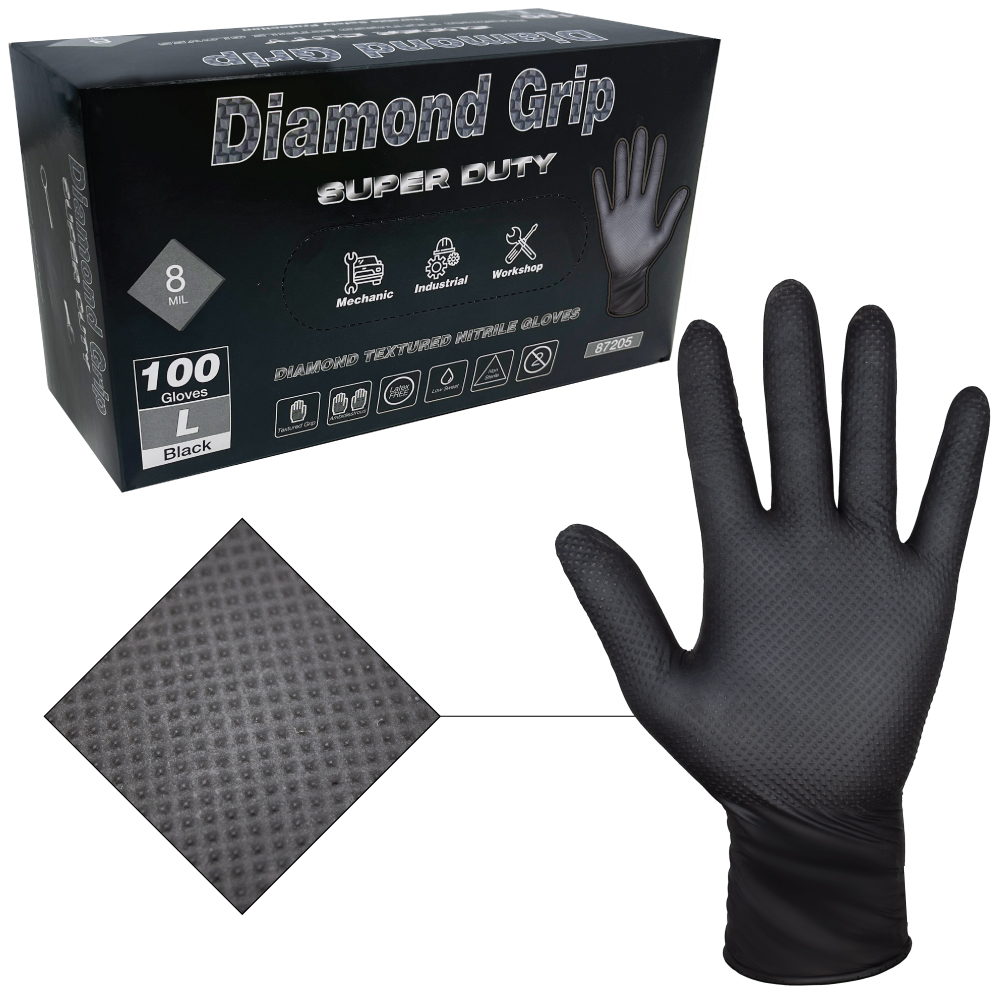 Diamond Grip Super Duty Gloves Large Nitrile Black 8mil (100)