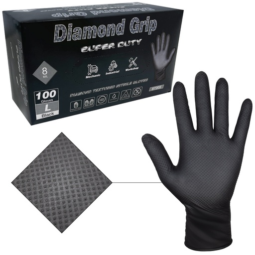 [fg] Diamond Grip Super Duty Gloves Large Nitrile Black 8mil (100)